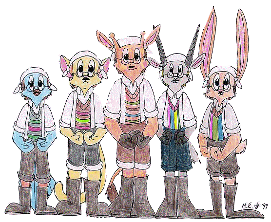 Terry Jones, Graham Chapman, John Cleese, Eric Idle, and Michael Palin, as animal Gumbys